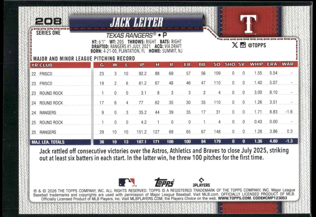 2026 Topps #208 Jack Leiter