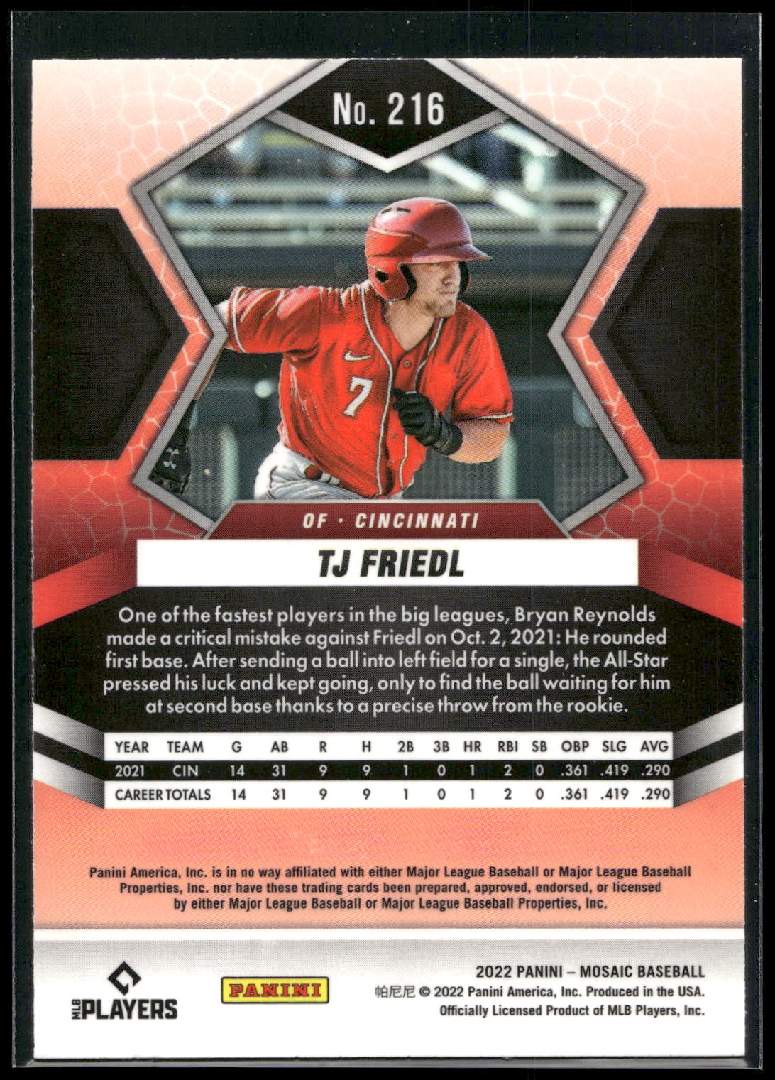 2022 Panini Mosaic #216 TJ Friedl