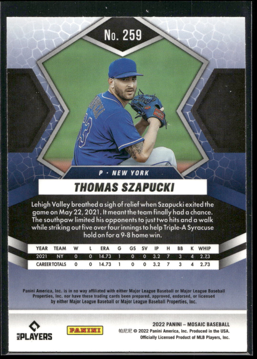 2022 Panini Mosaic #259 Thomas Szapucki