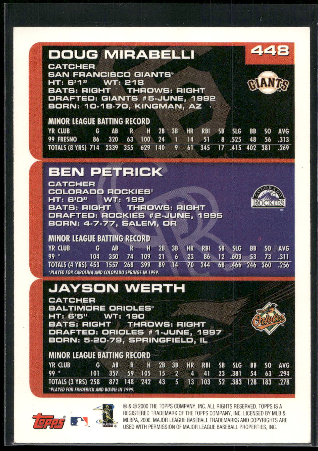 2000 Topps #448 Doug Mirabelli / Ben Petrick / Jayson Werth PROS