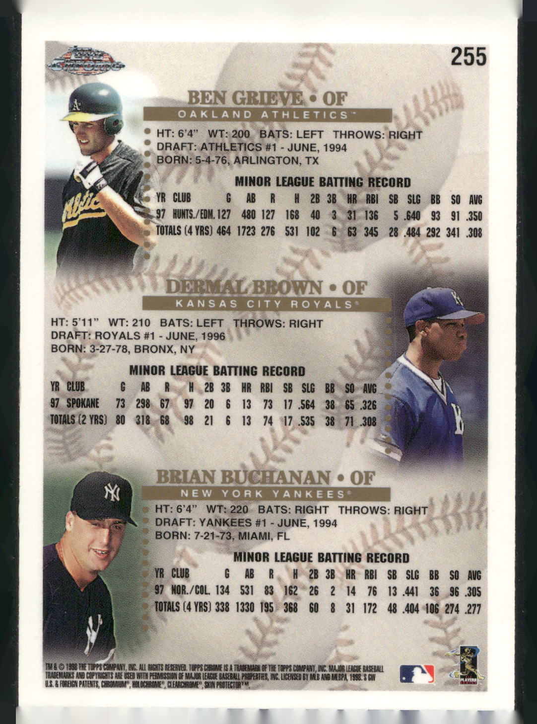1998 Topps #255 Ben Grieve / Dermal Brown / Brian Buchanan PROS