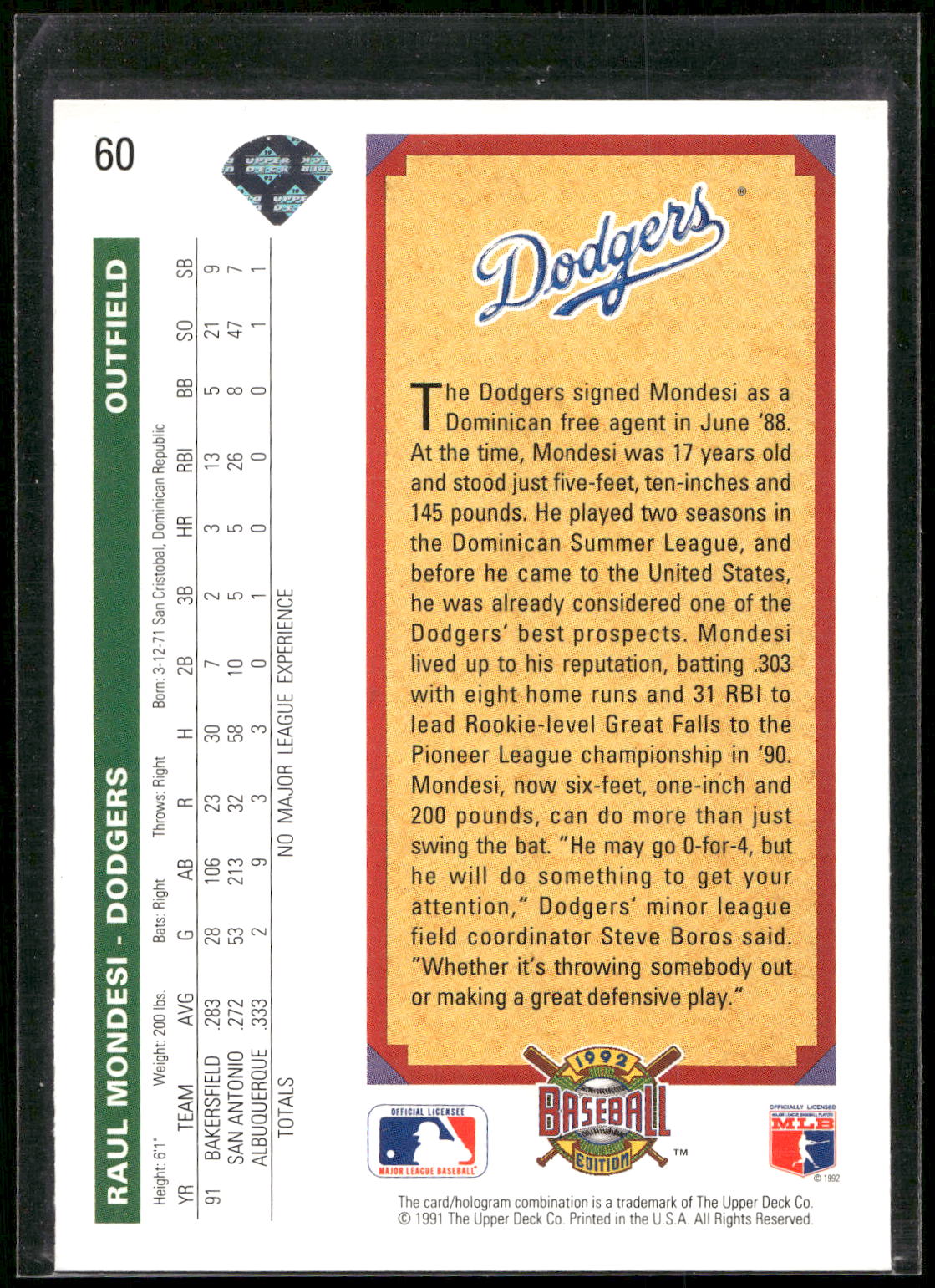 1992 Upper Deck #60 Raul Mondesi