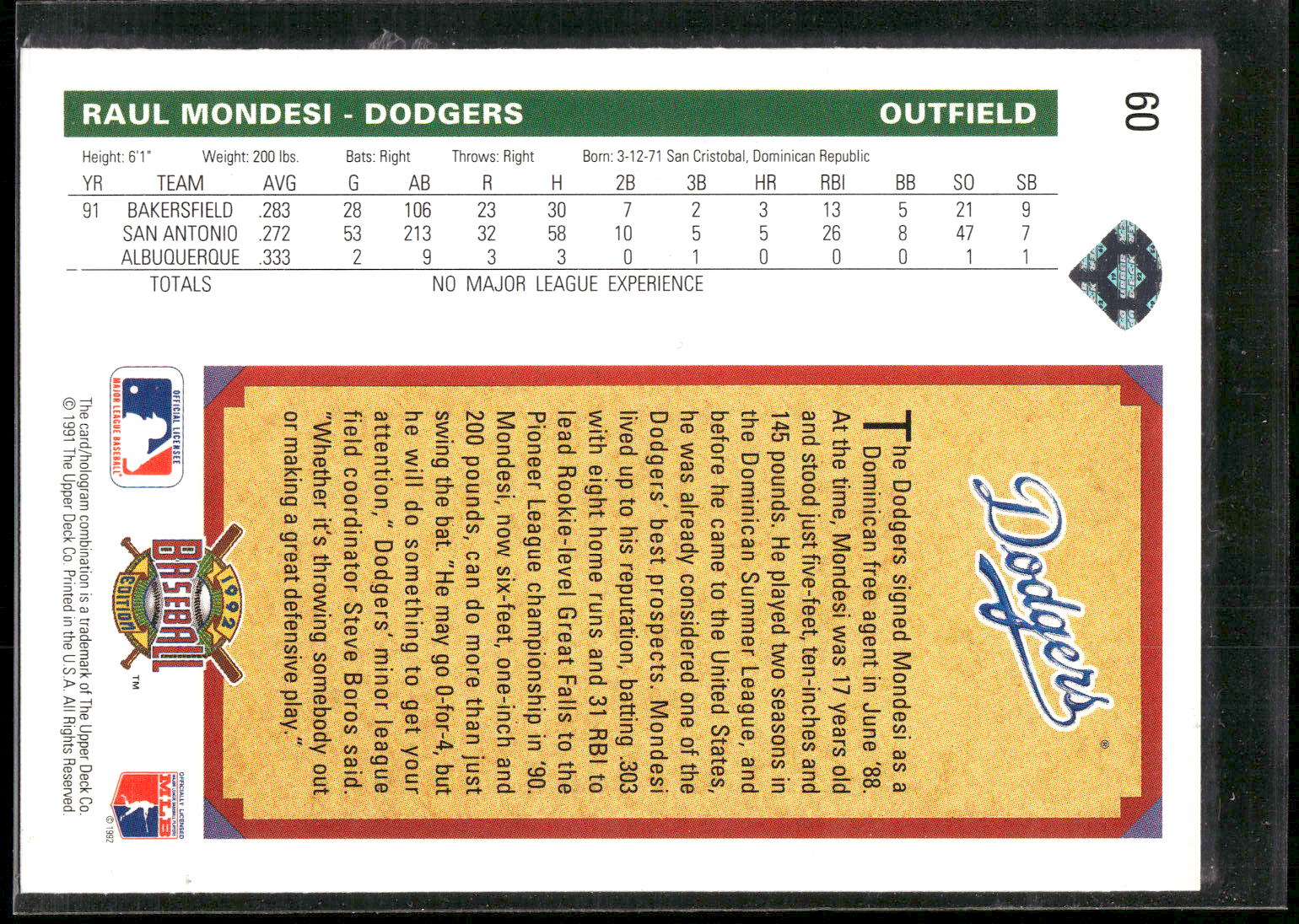 1992 Upper Deck #60 Raul Mondesi