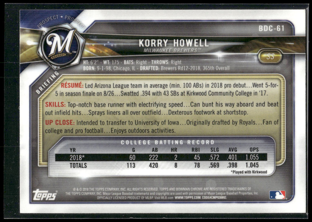 2018 Bowman Draft #BDC-61 Korry Howell Chrome