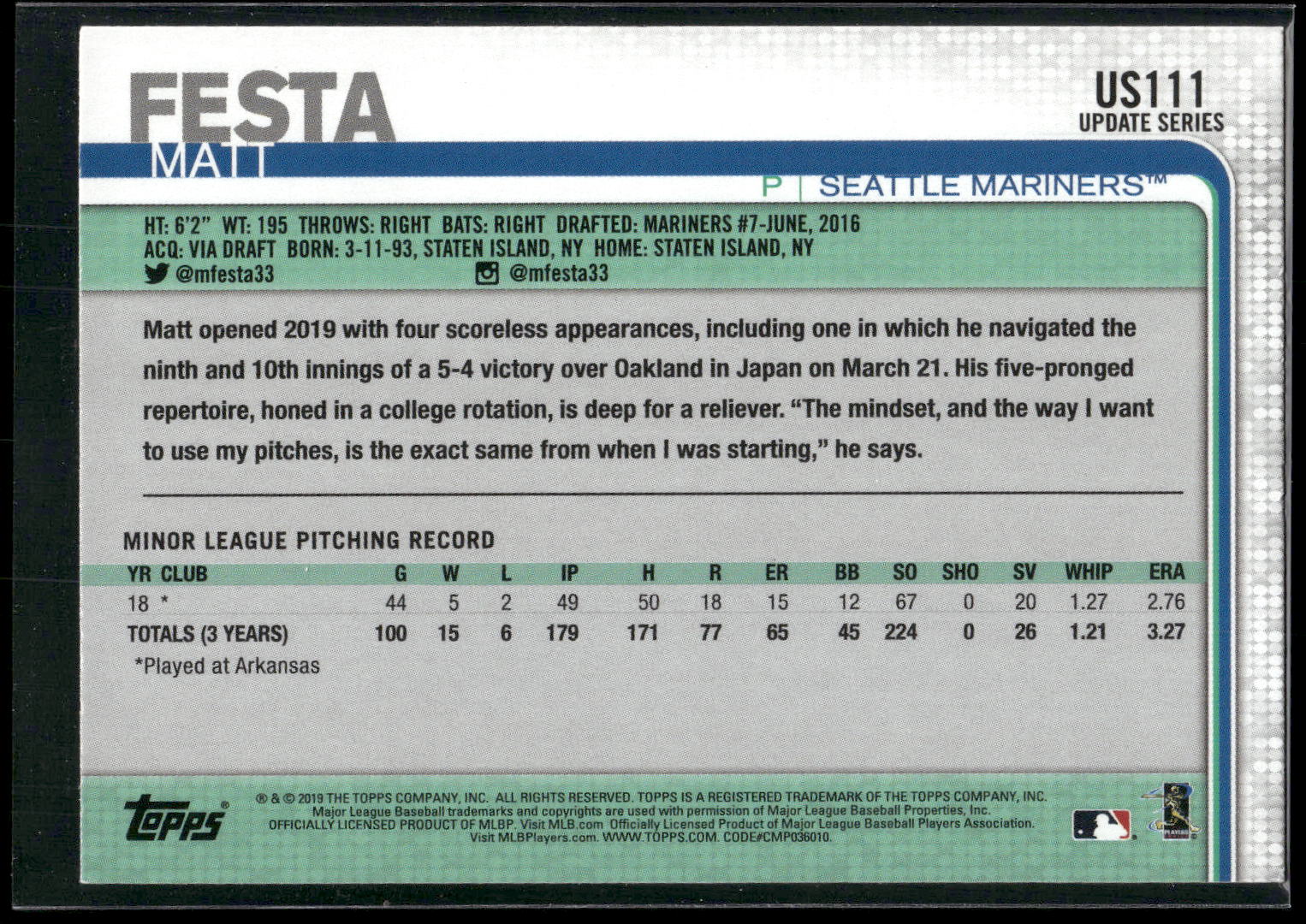2019 Topps Update #US111 Matt Festa