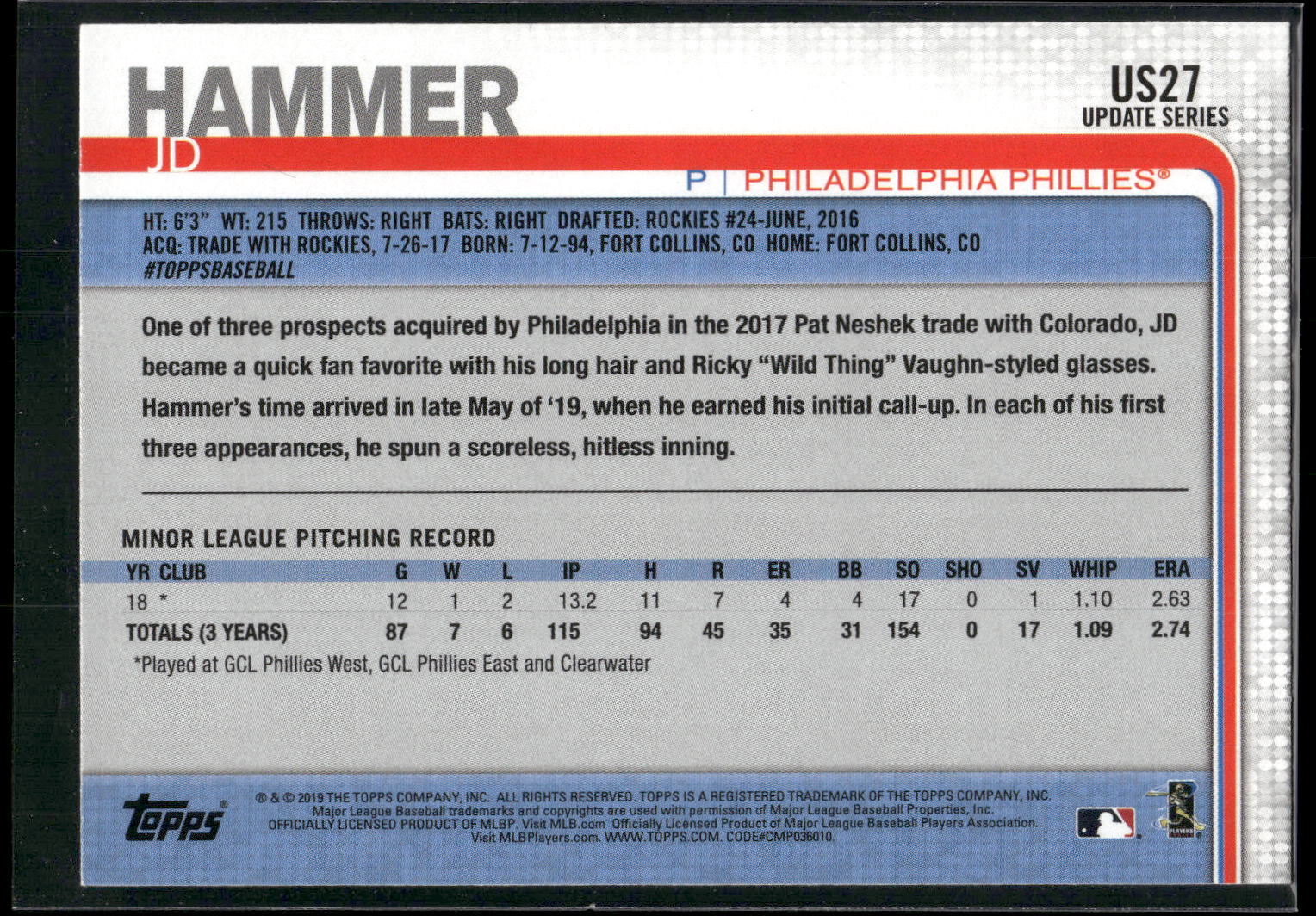 2019 Topps Update #US27 J.D. Hammer