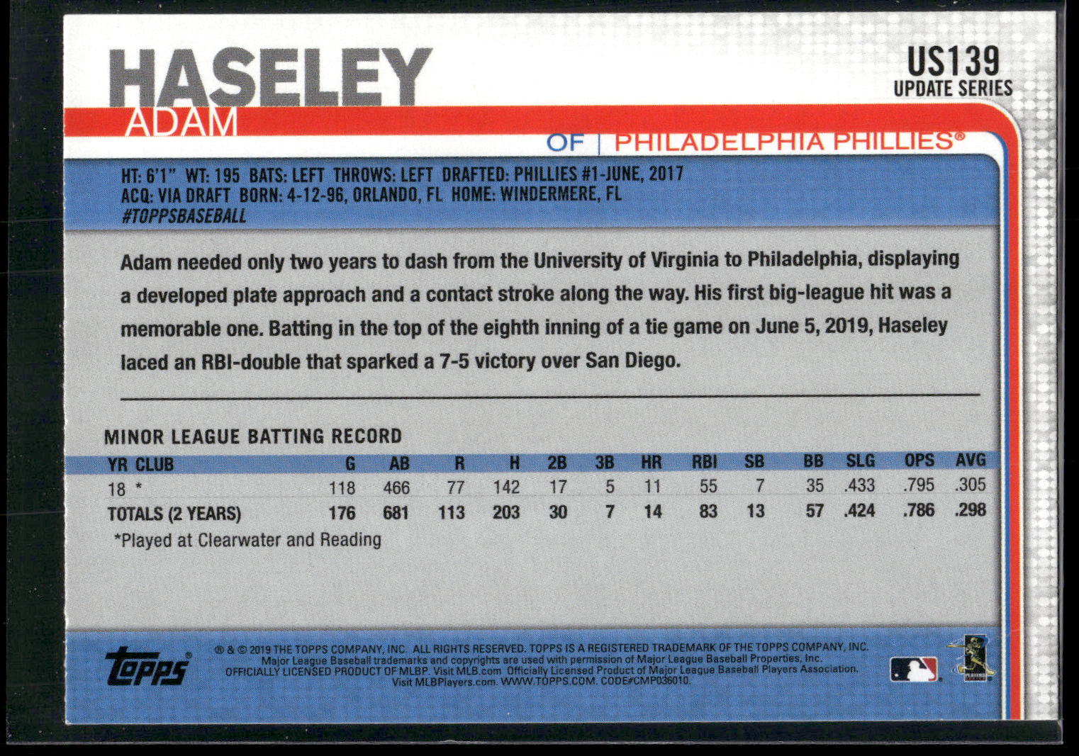 2019 Topps Update #US139 Adam Haseley