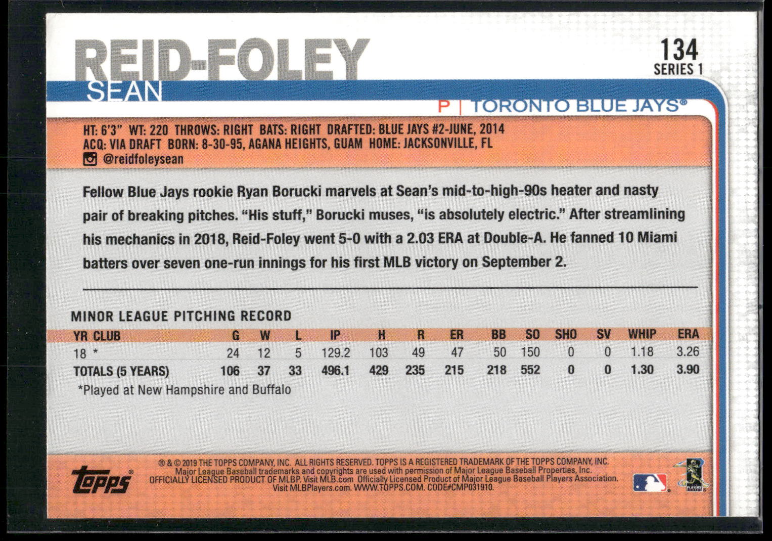 2019 Topps #134 Sean Reid-Foley
