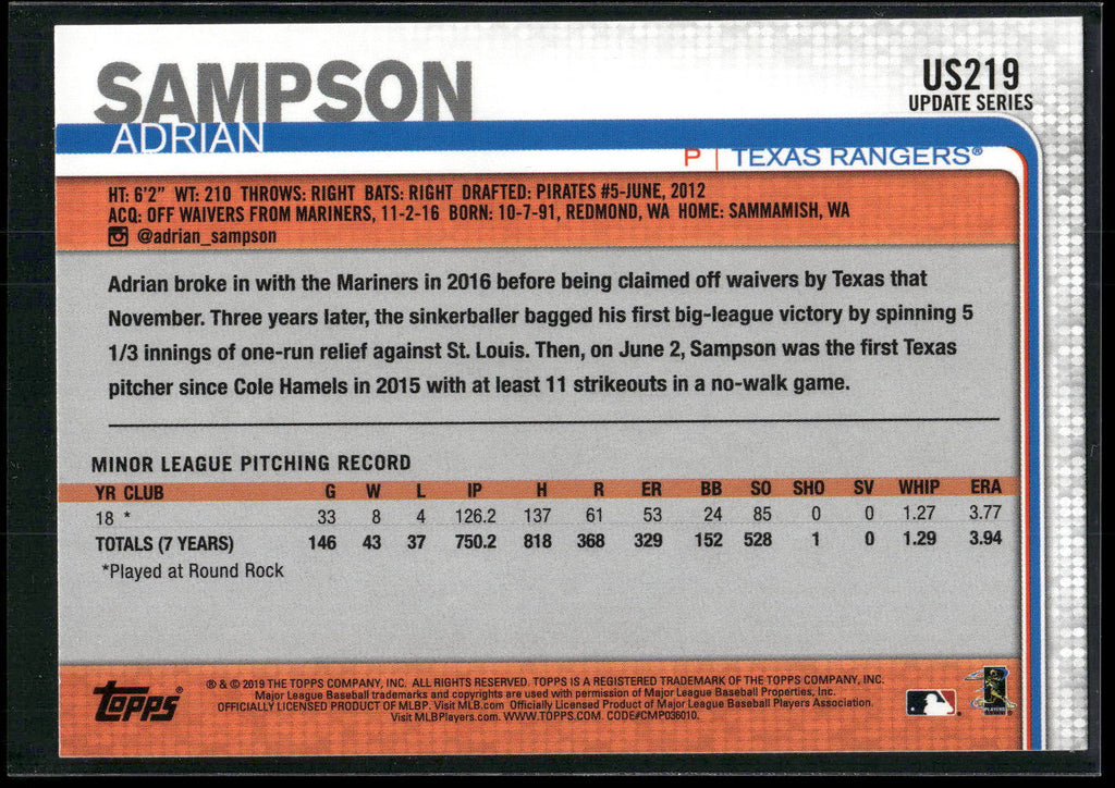 2019 Topps Update #US219 Adrian Sampson