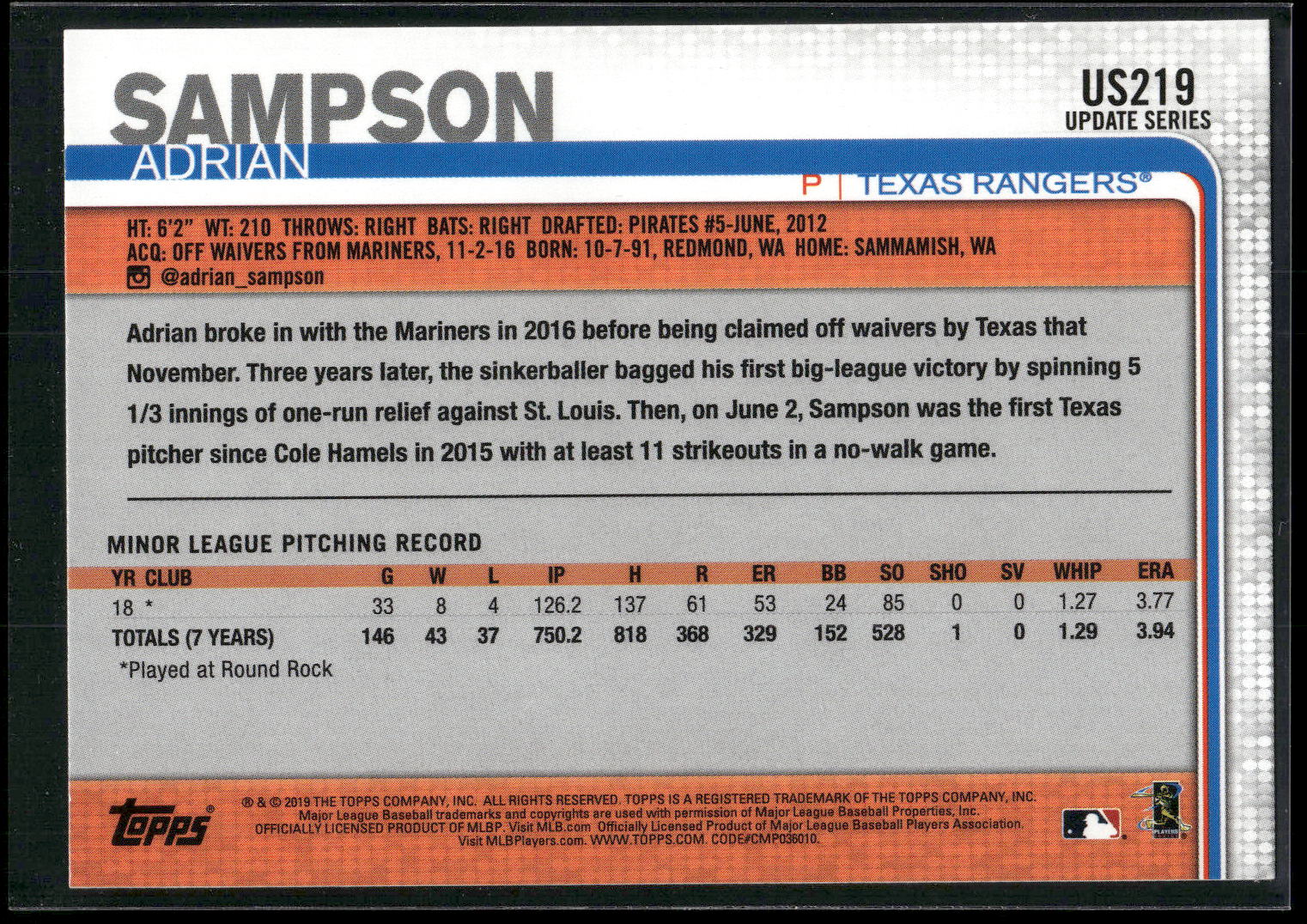2019 Topps Update #US219 Adrian Sampson
