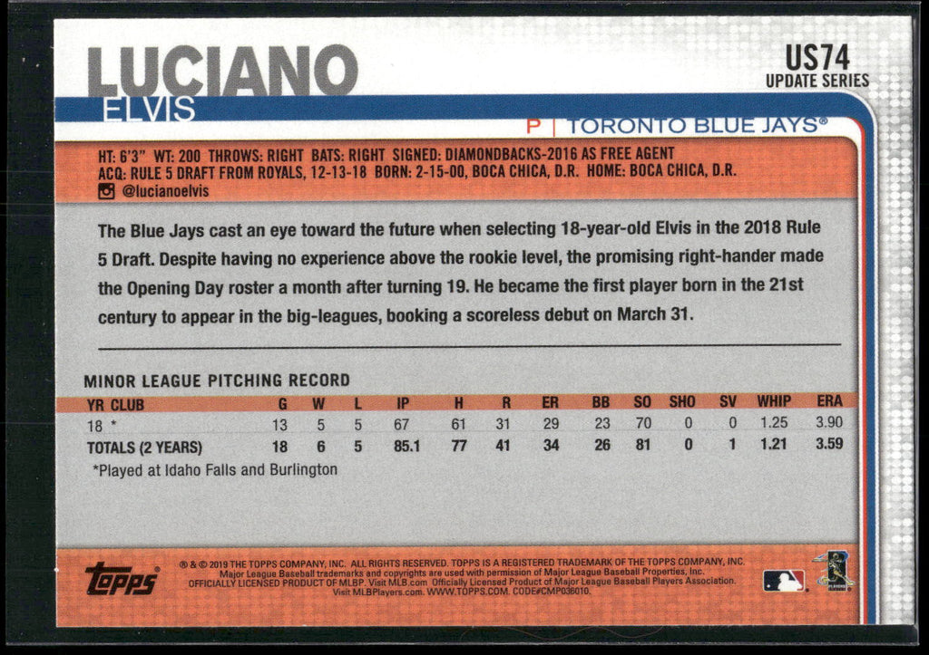 2019 Topps Update #US74 Elvis Luciano