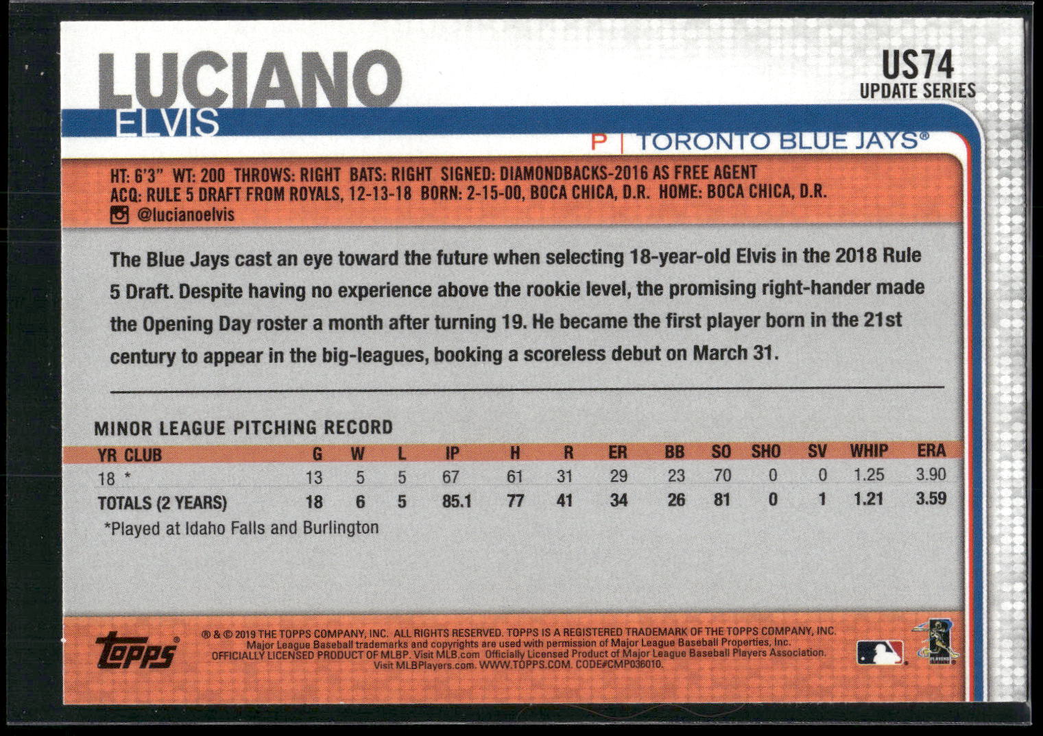 2019 Topps Update #US74 Elvis Luciano