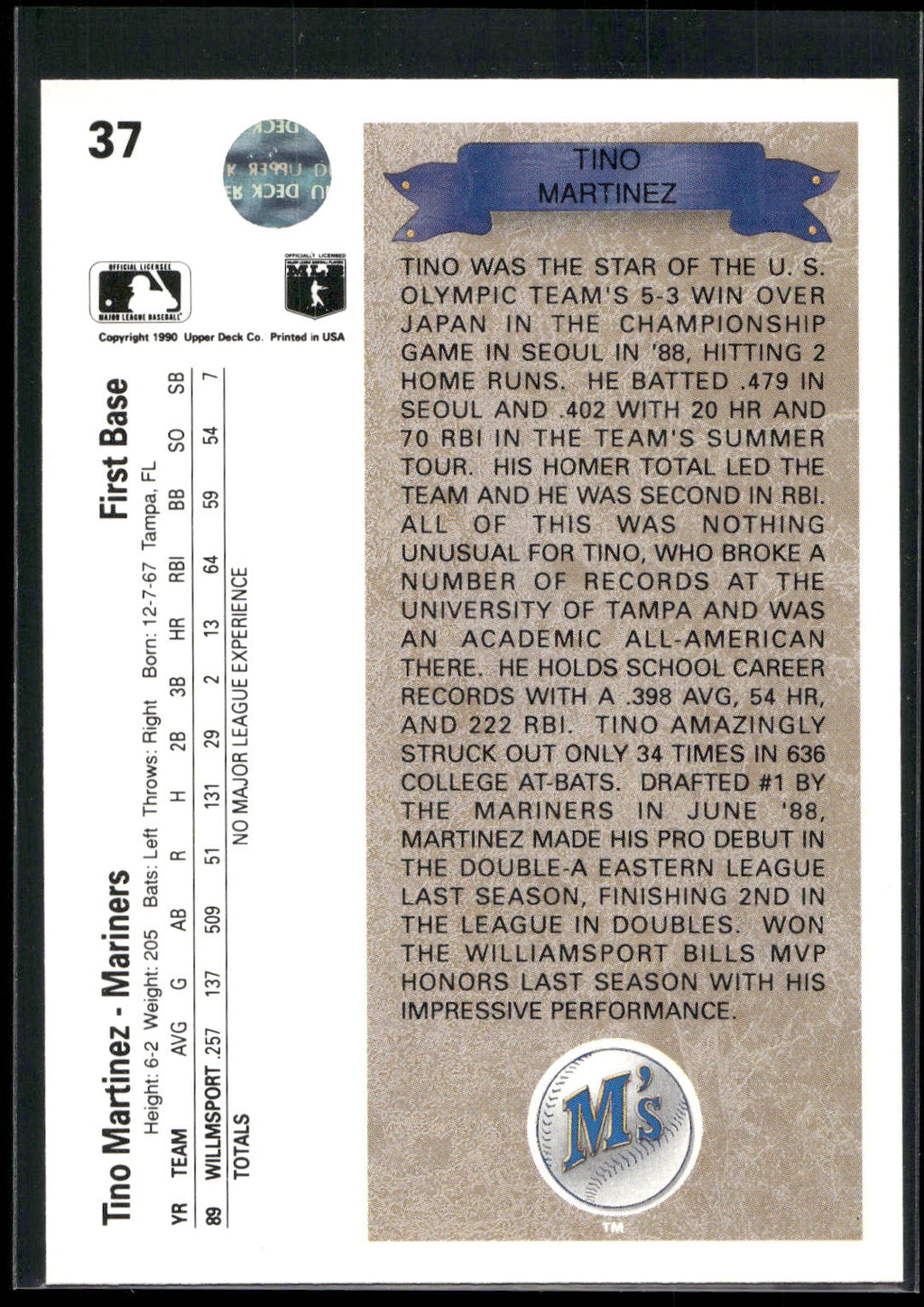 1990 Upper Deck #37 Tino Martinez