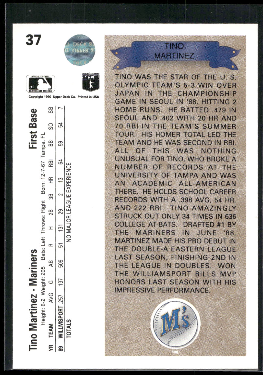 1990 Upper Deck #37 Tino Martinez