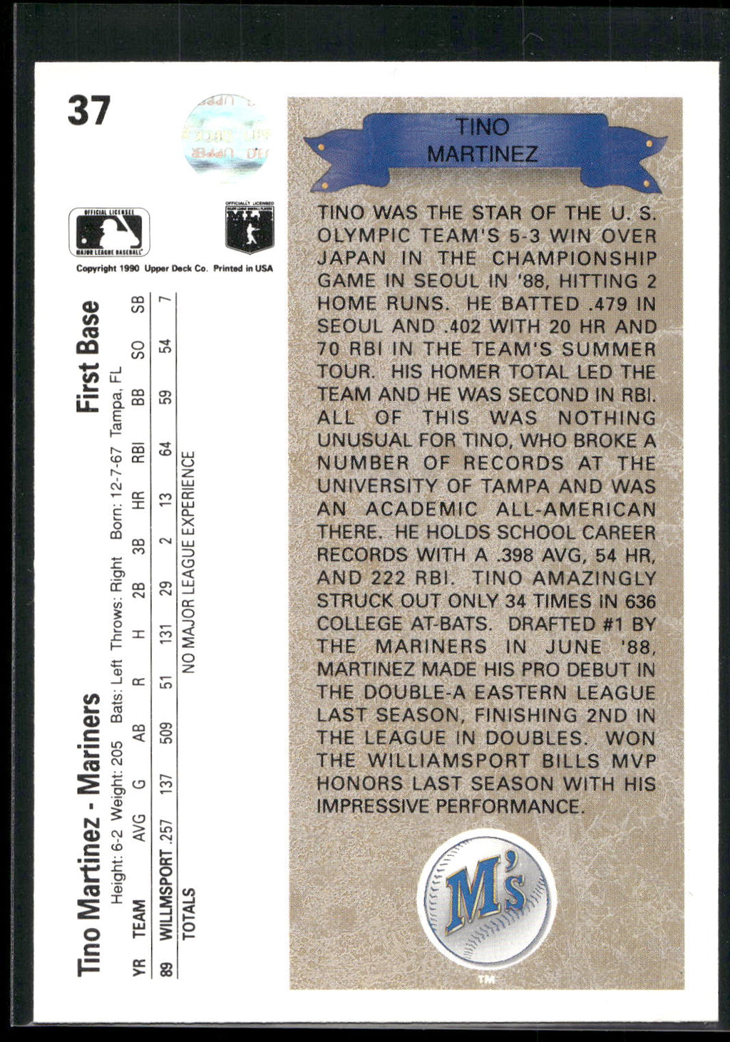 1990 Upper Deck #37 Tino Martinez