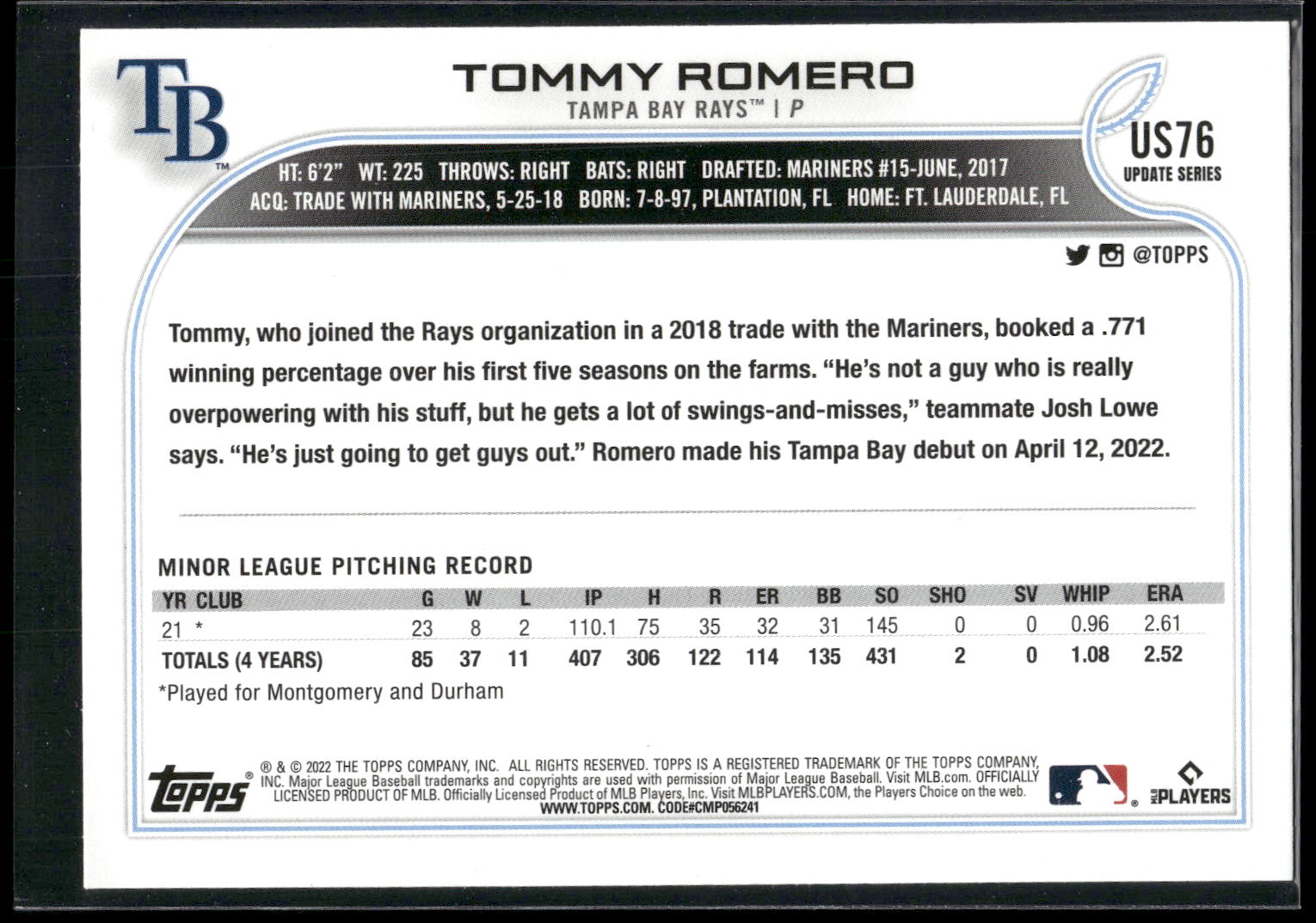 2022 Topps Update #US76 Tommy Romero