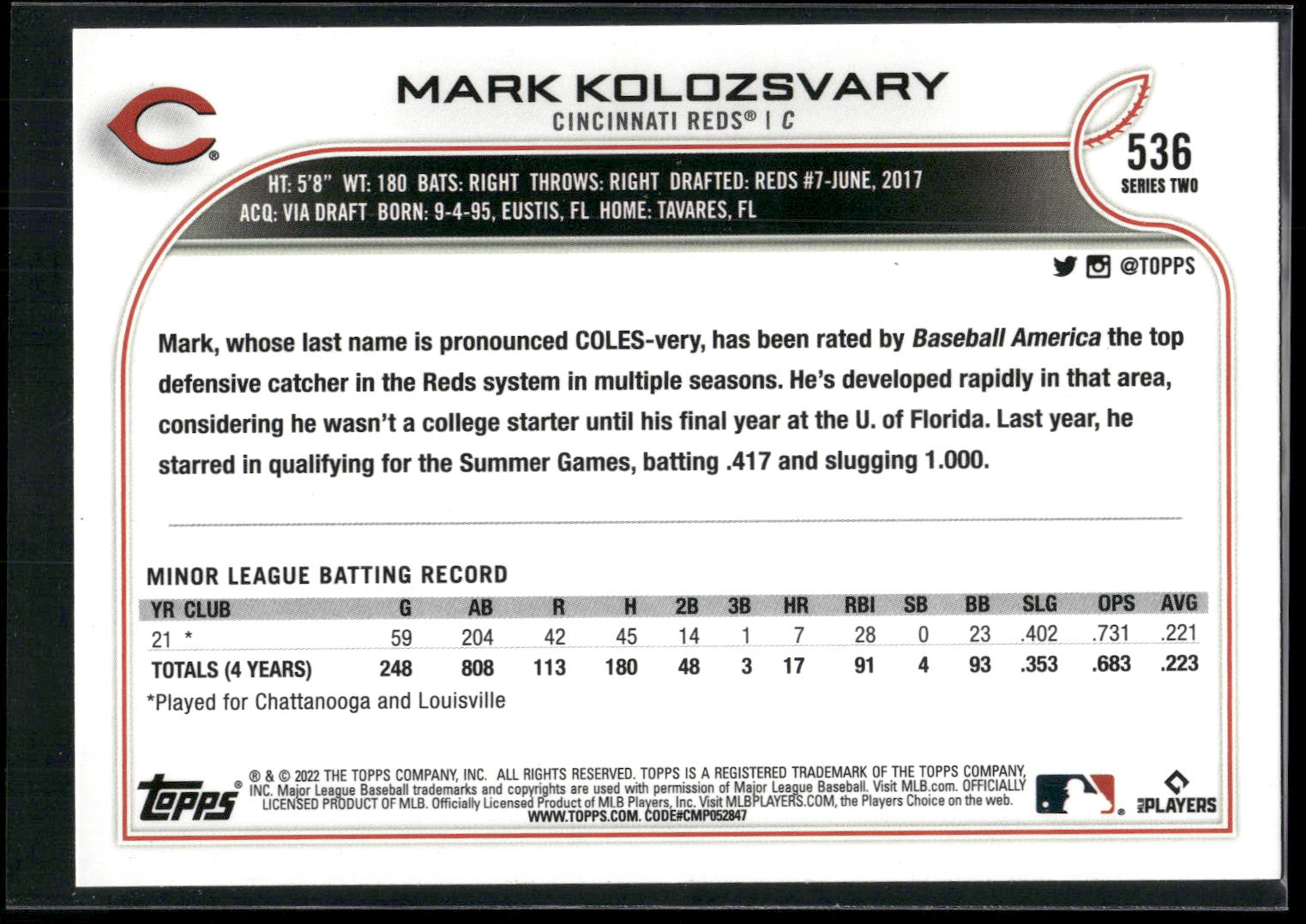 2022 Topps #536 Mark Kolozsvary