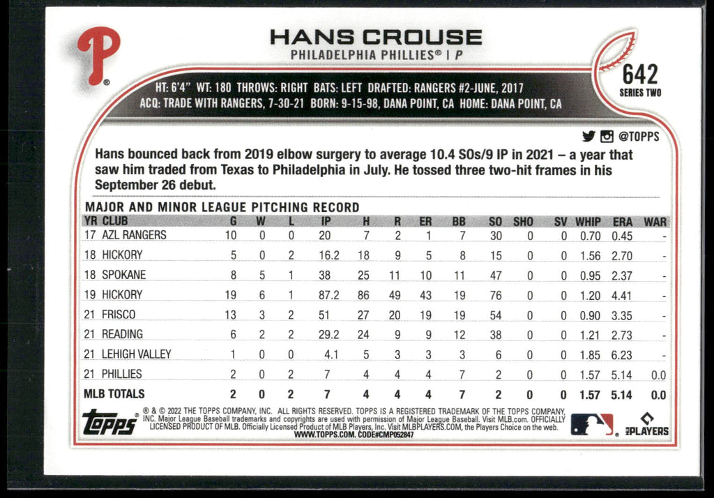 2022 Topps #642 Hans Crouse