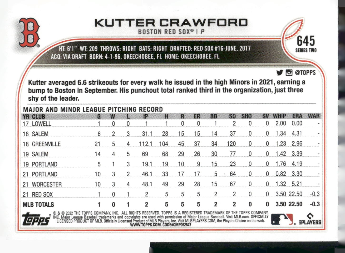 2022 Topps #645 Kutter Crawford