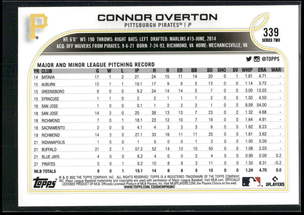 2022 Topps #339 Connor Overton