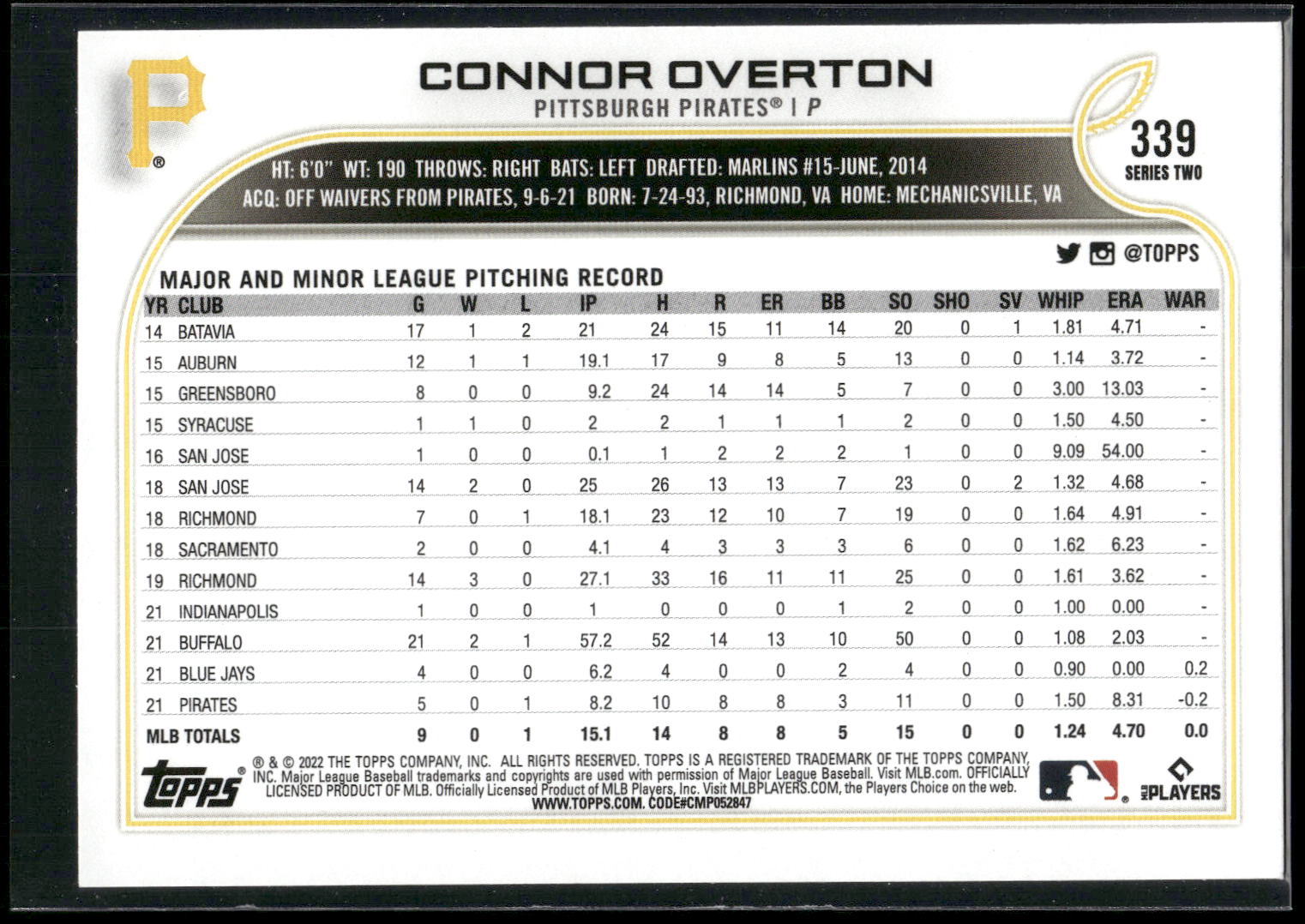 2022 Topps #339 Connor Overton