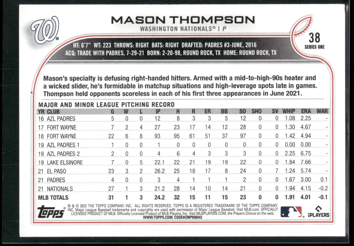 2022 Topps #38b Mason Thompson