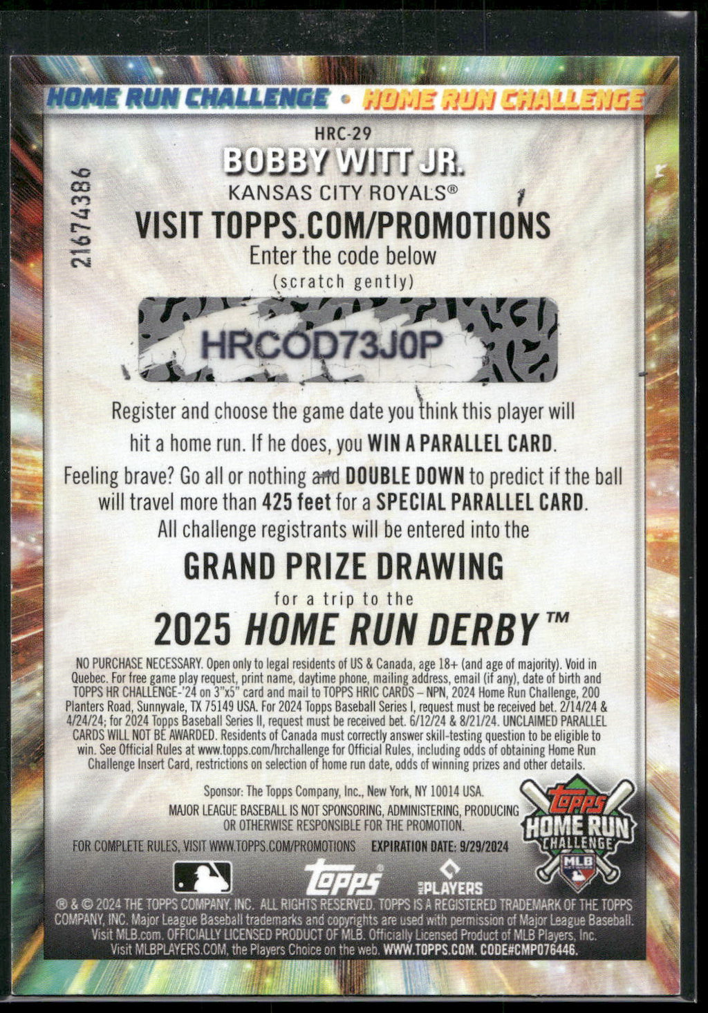 2024 Topps #HRC-29 Bobby Witt Jr. Home Run Challenge (Series Two)