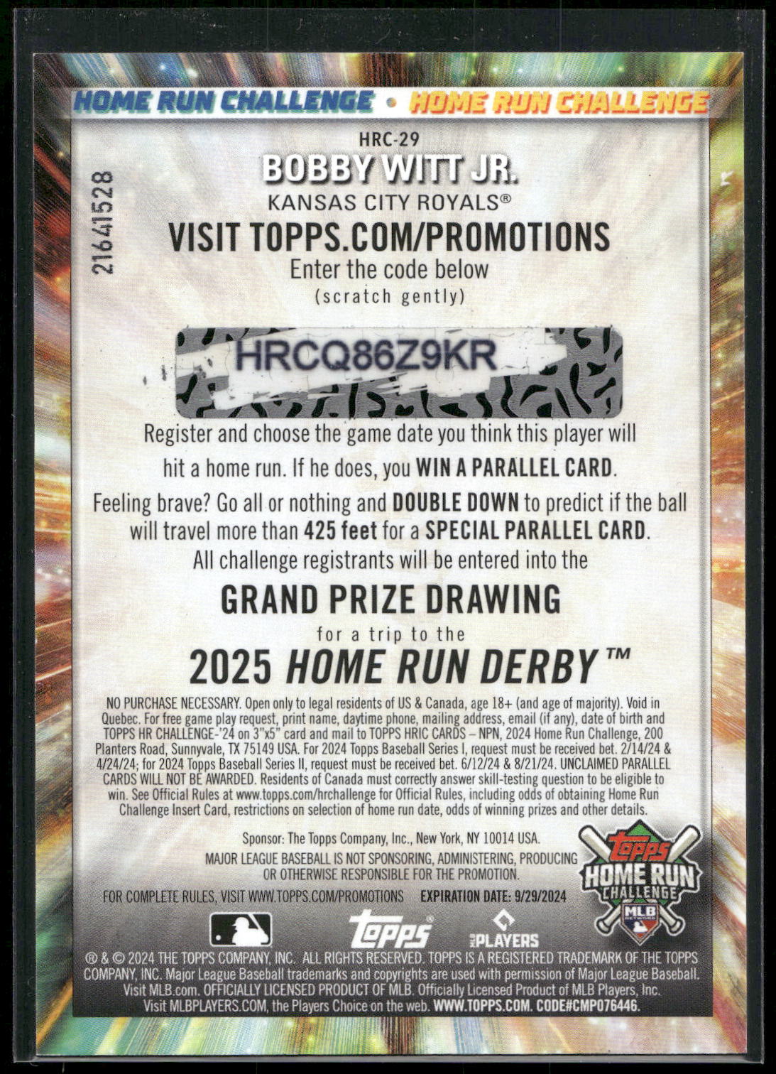 2024 Topps #HRC-29 Bobby Witt Jr. Home Run Challenge (Series Two)