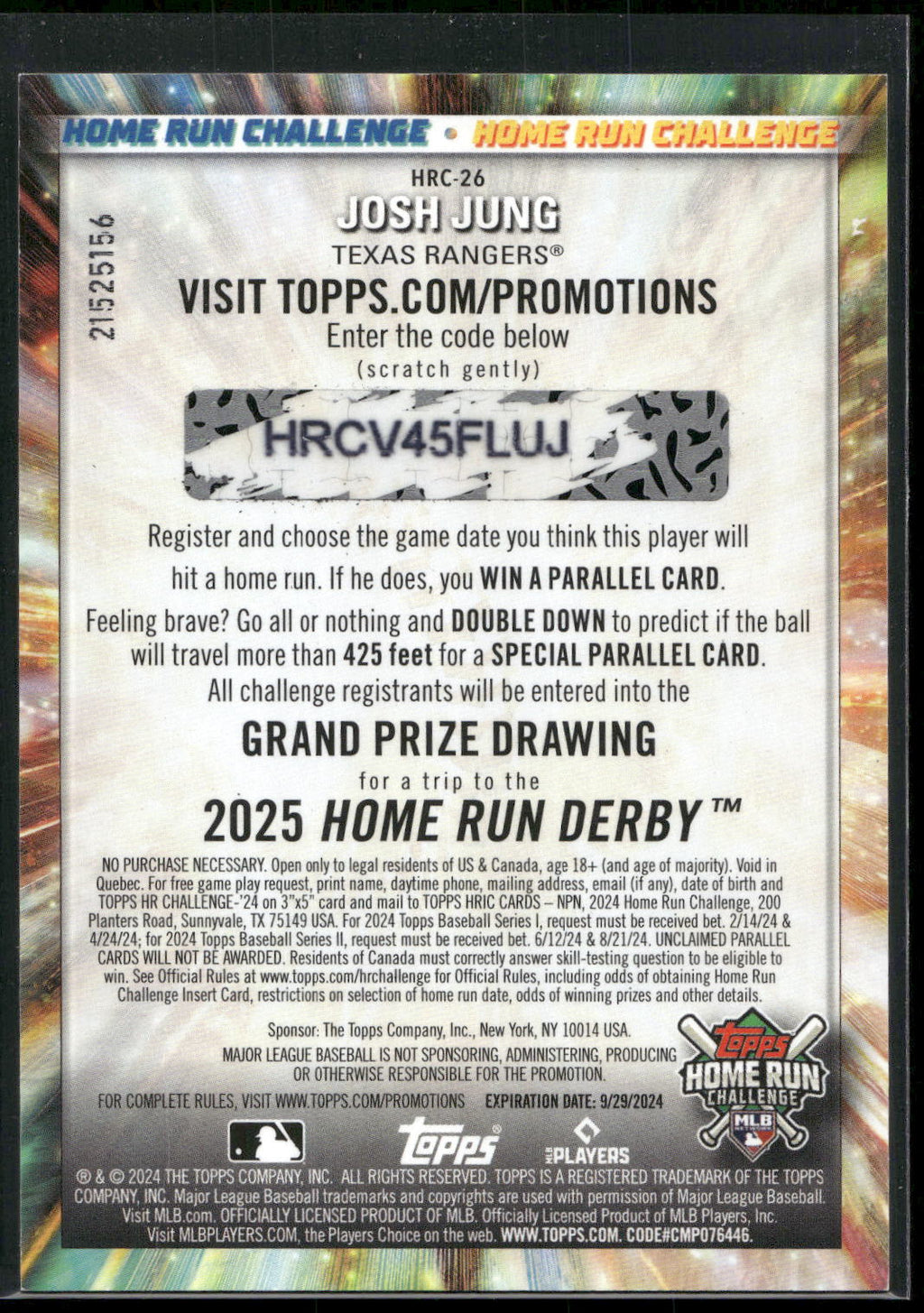 2024 Topps #HRC-26 Josh Jung Home Run Challenge (Series One)