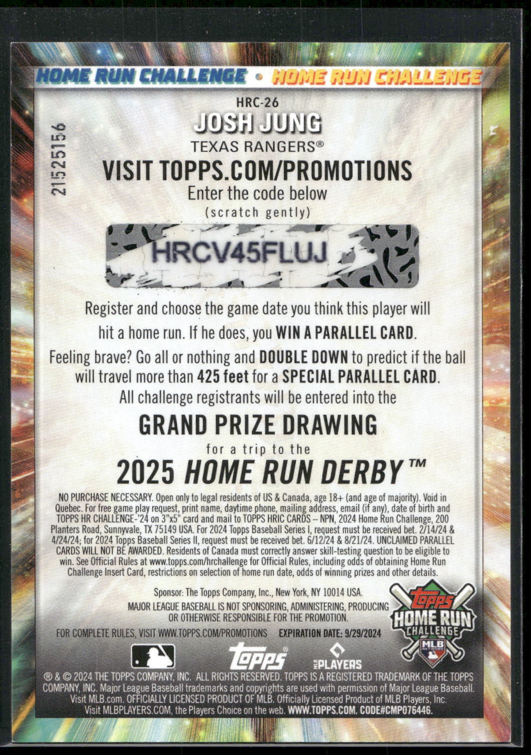 2024 Topps #HRC-26 Josh Jung Home Run Challenge (Series One)