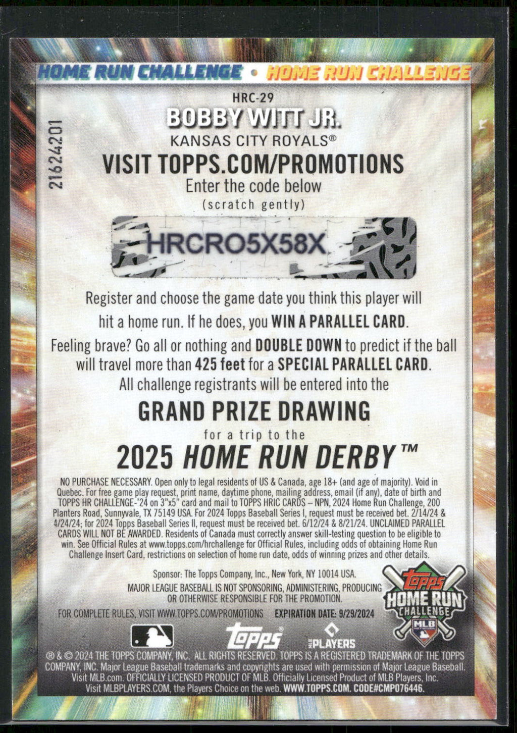 2024 Topps #HRC-29 Bobby Witt Jr. Home Run Challenge (Series Two)