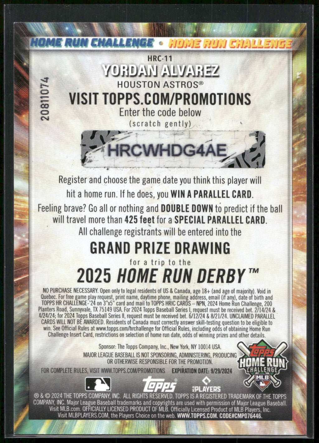 2024 Topps #HRC-11 Yordan Alvarez Home Run Challenge (Series Two)