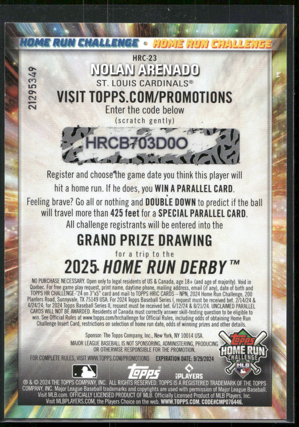 2024 Topps #HRC-23 Nolan Arenado Home Run Challenge (Series One)