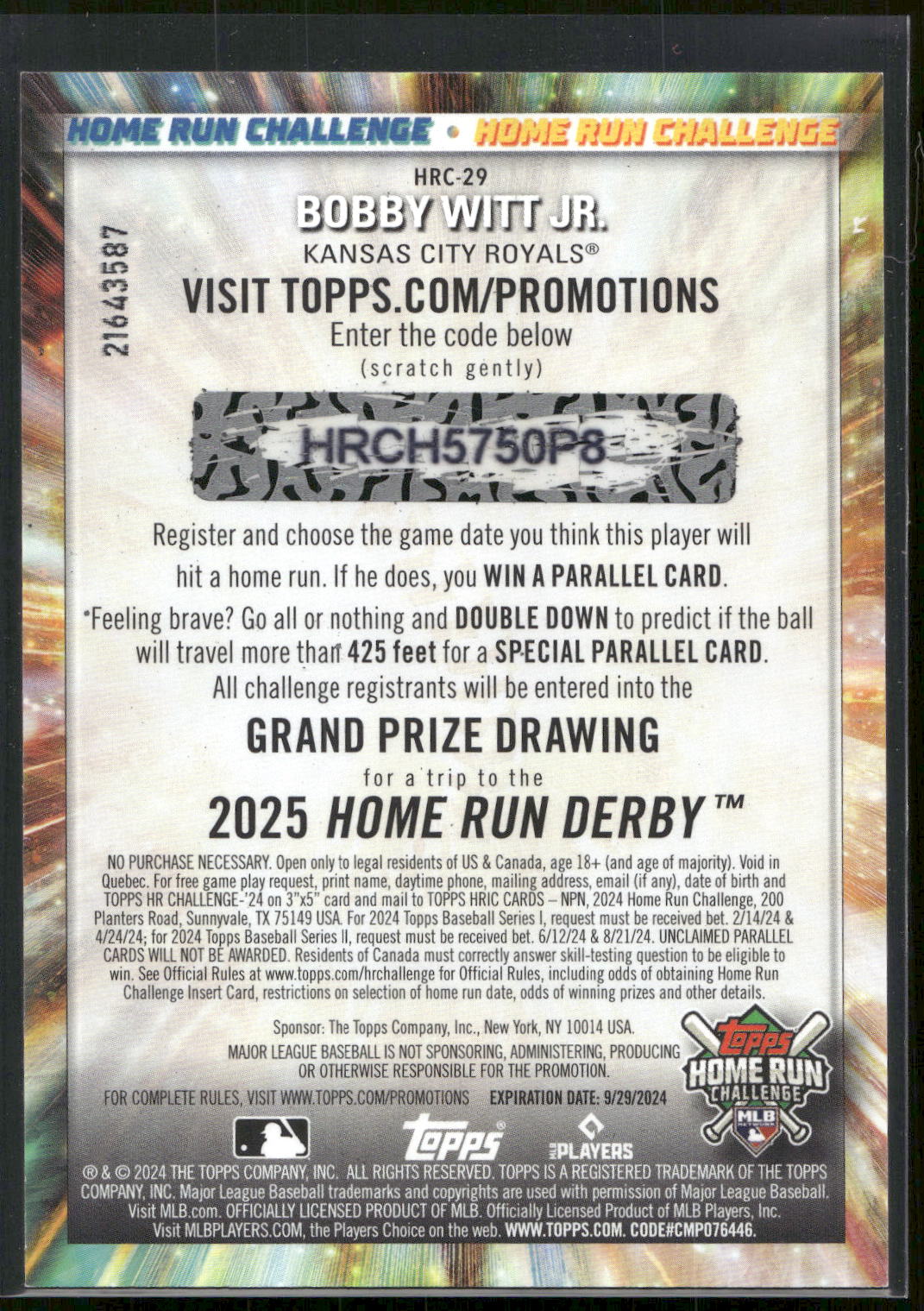 2024 Topps #HRC-29 Bobby Witt Jr. Home Run Challenge (Series Two)