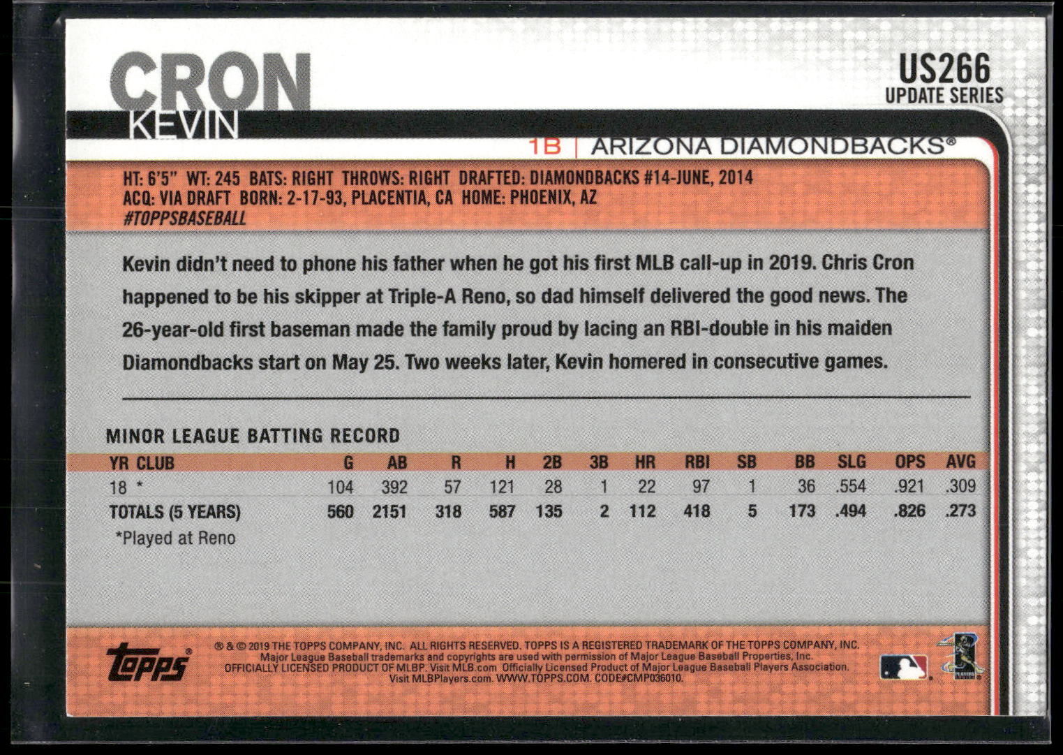 2019 Topps Update #US266 Kevin Cron