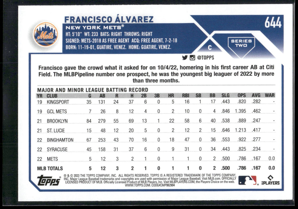 2023 Topps #644 Francisco Álvarez