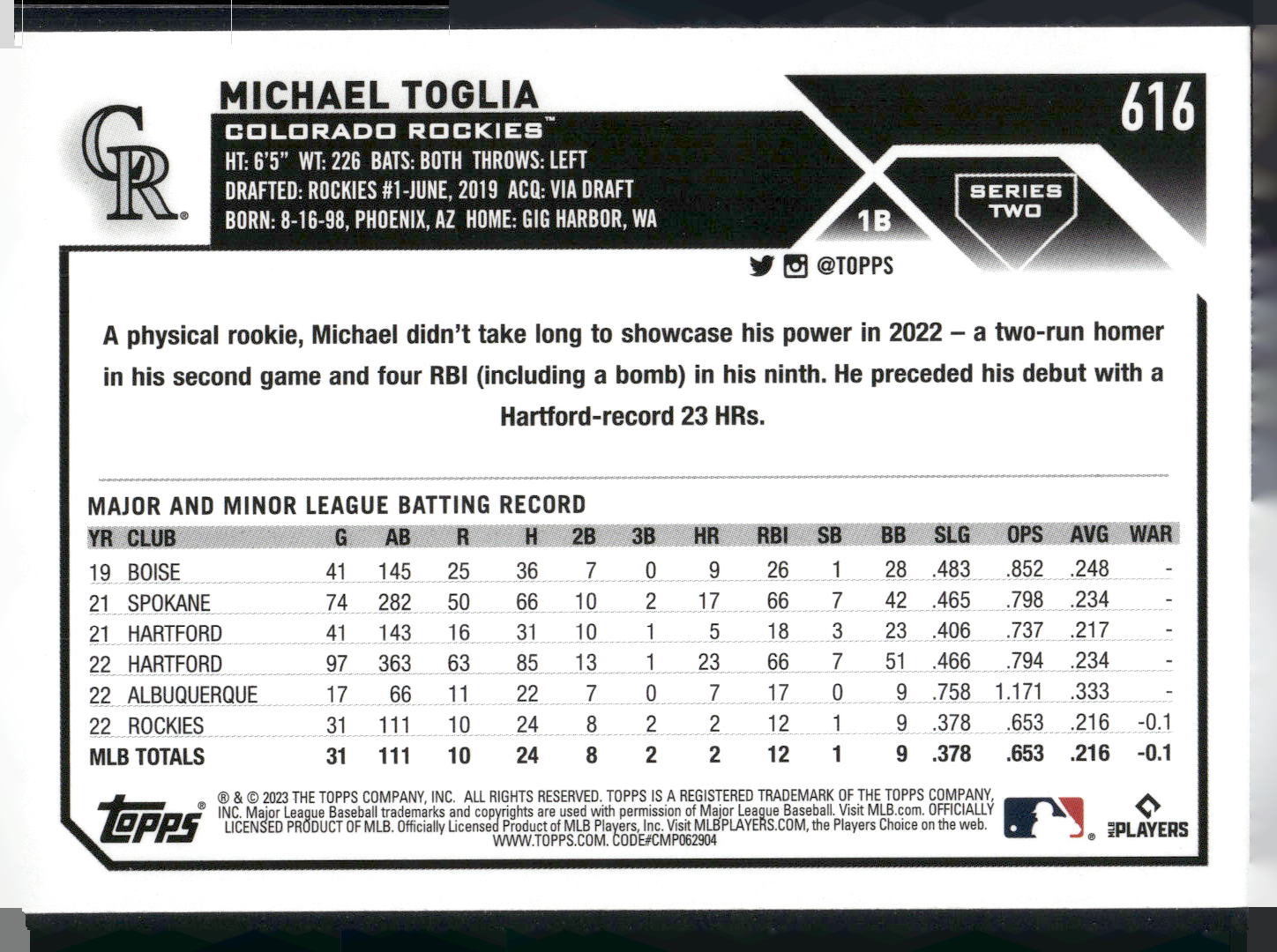 2023 Topps #616 Michael Toglia