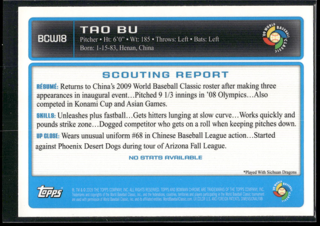 2009 Bowman #BCW18 Tao Bu Chrome WBC Prospects