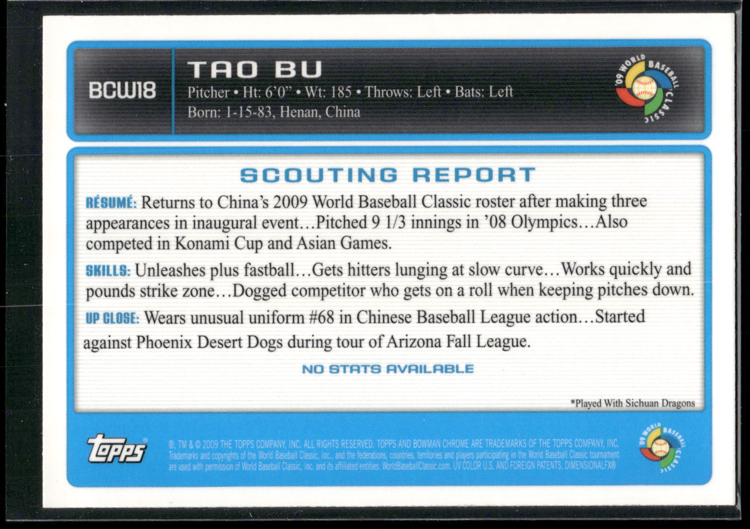 2009 Bowman #BCW18 Tao Bu Chrome WBC Prospects