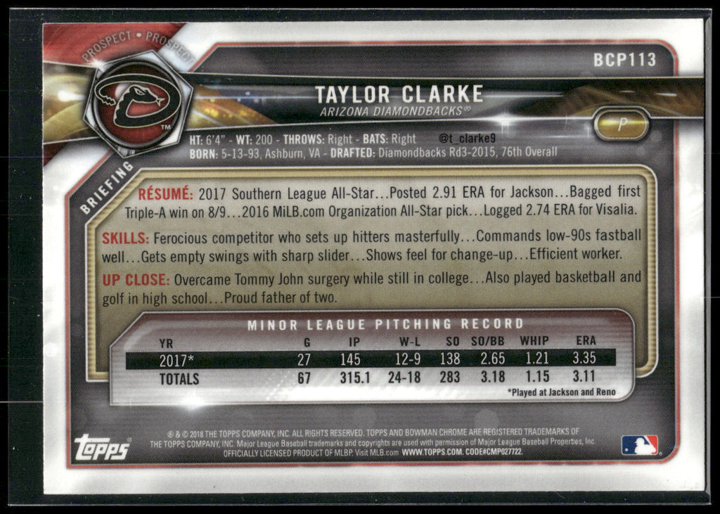 2018 Bowman #BCP113 Taylor Clarke Chrome Prospects Mojo Refractor