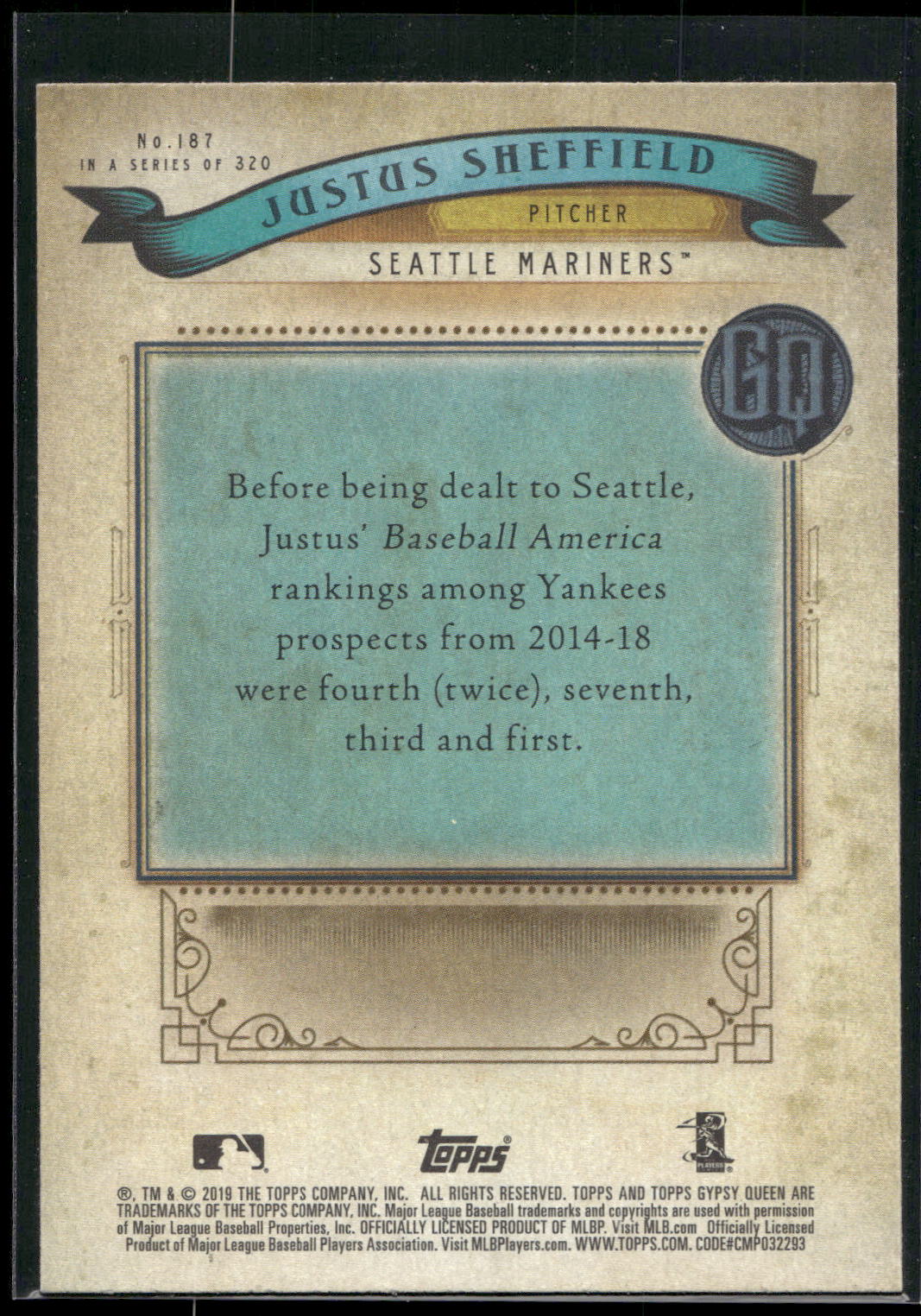 2019 Topps Gypsy Queen #187 Justus Sheffield Green