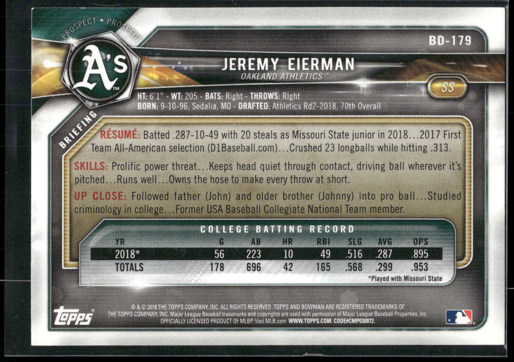 2018 Bowman Draft #BD-179 Jeremy Eierman