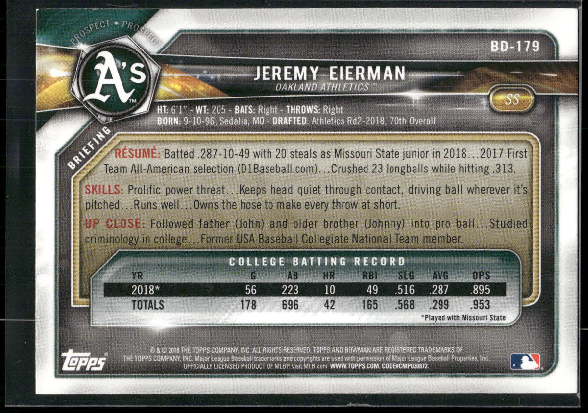2018 Bowman Draft #BD-179 Jeremy Eierman