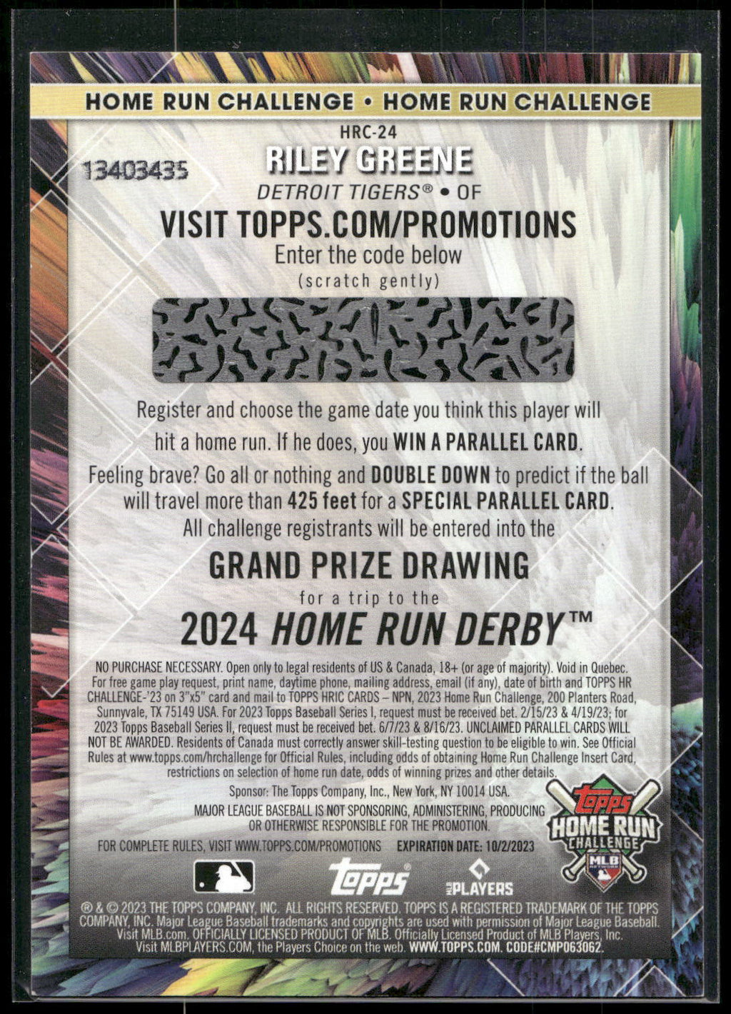 2023 Topps #HRC-24 Riley Greene Home Run Challenge (Series One)