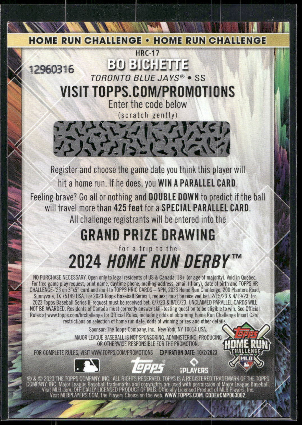 2023 Topps #HRC-17 Bo Bichette Home Run Challenge (Series Two)