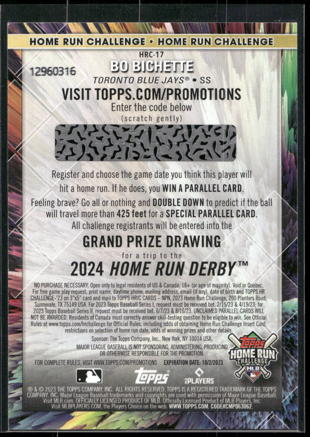 2023 Topps #HRC-17 Bo Bichette Home Run Challenge (Series Two)