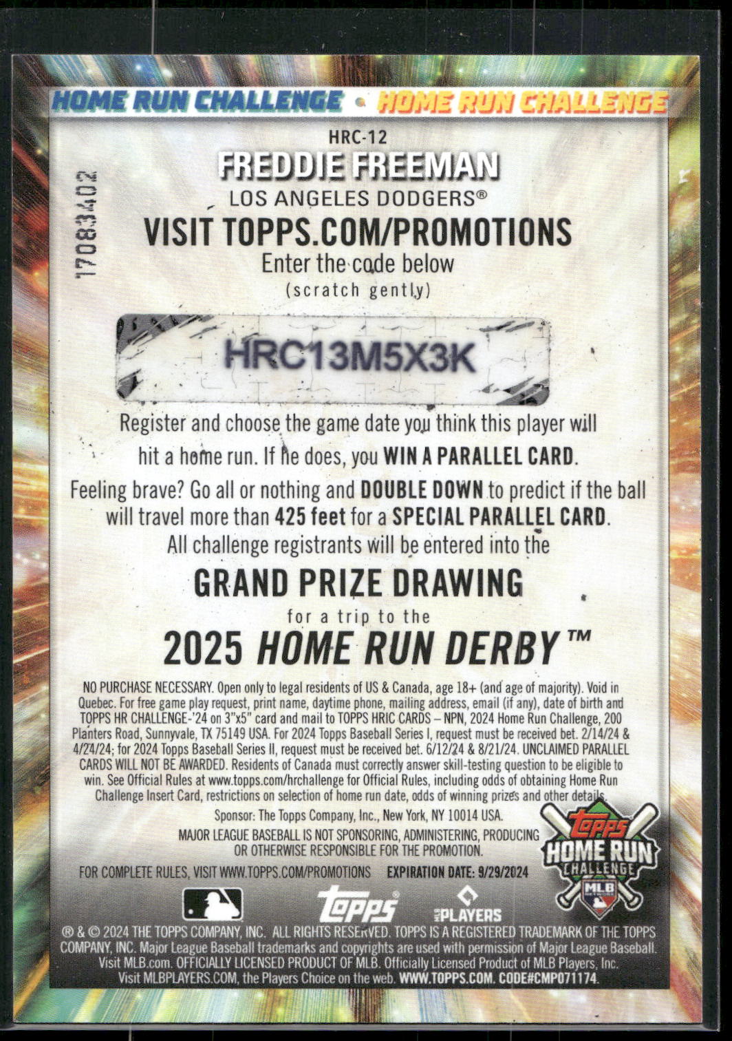 2024 Topps #HRC-12 Freddie Freeman Home Run Challenge (Series One)