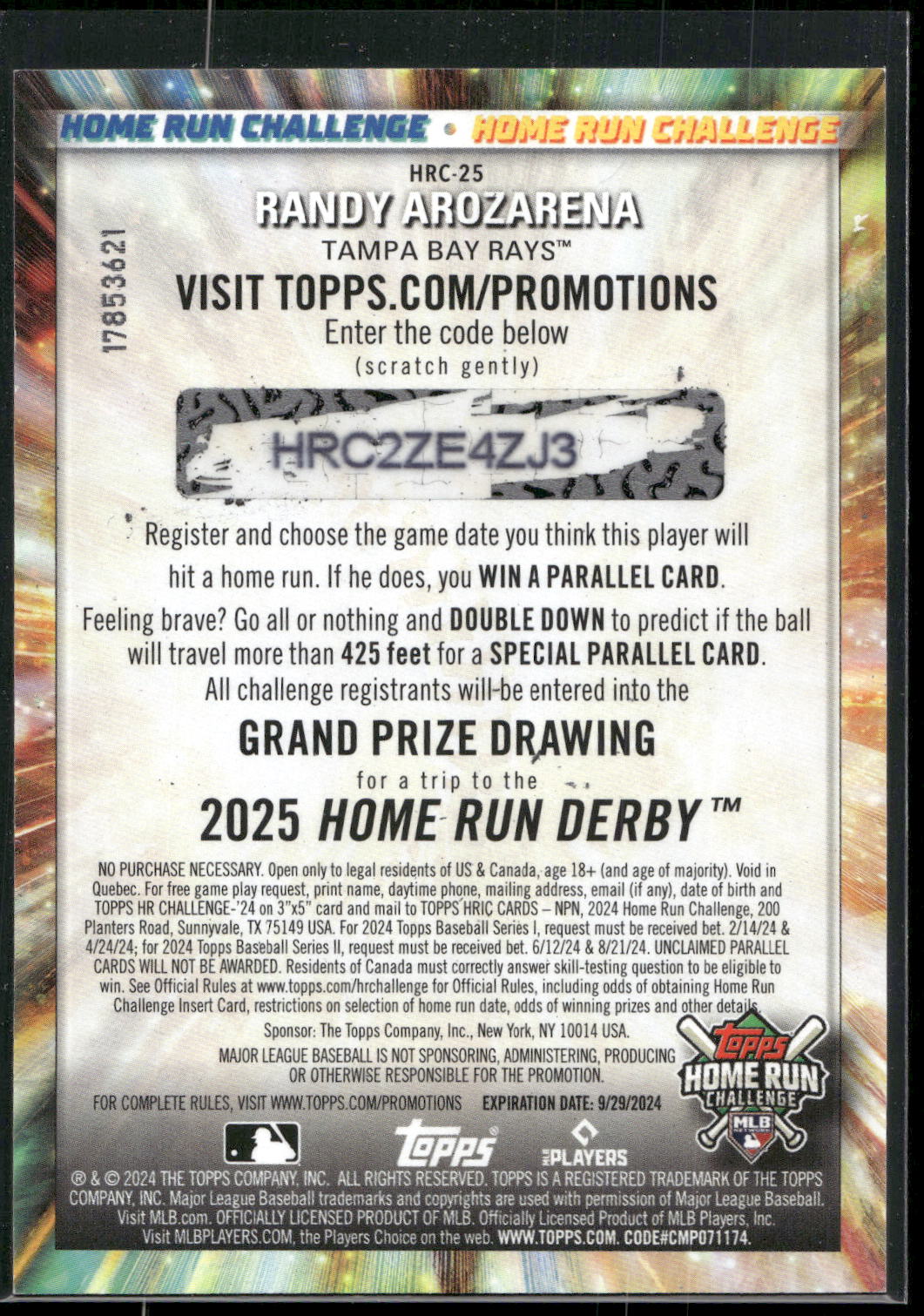 2024 Topps #HRC-25 Randy Arozarena Home Run Challenge (Series Two)
