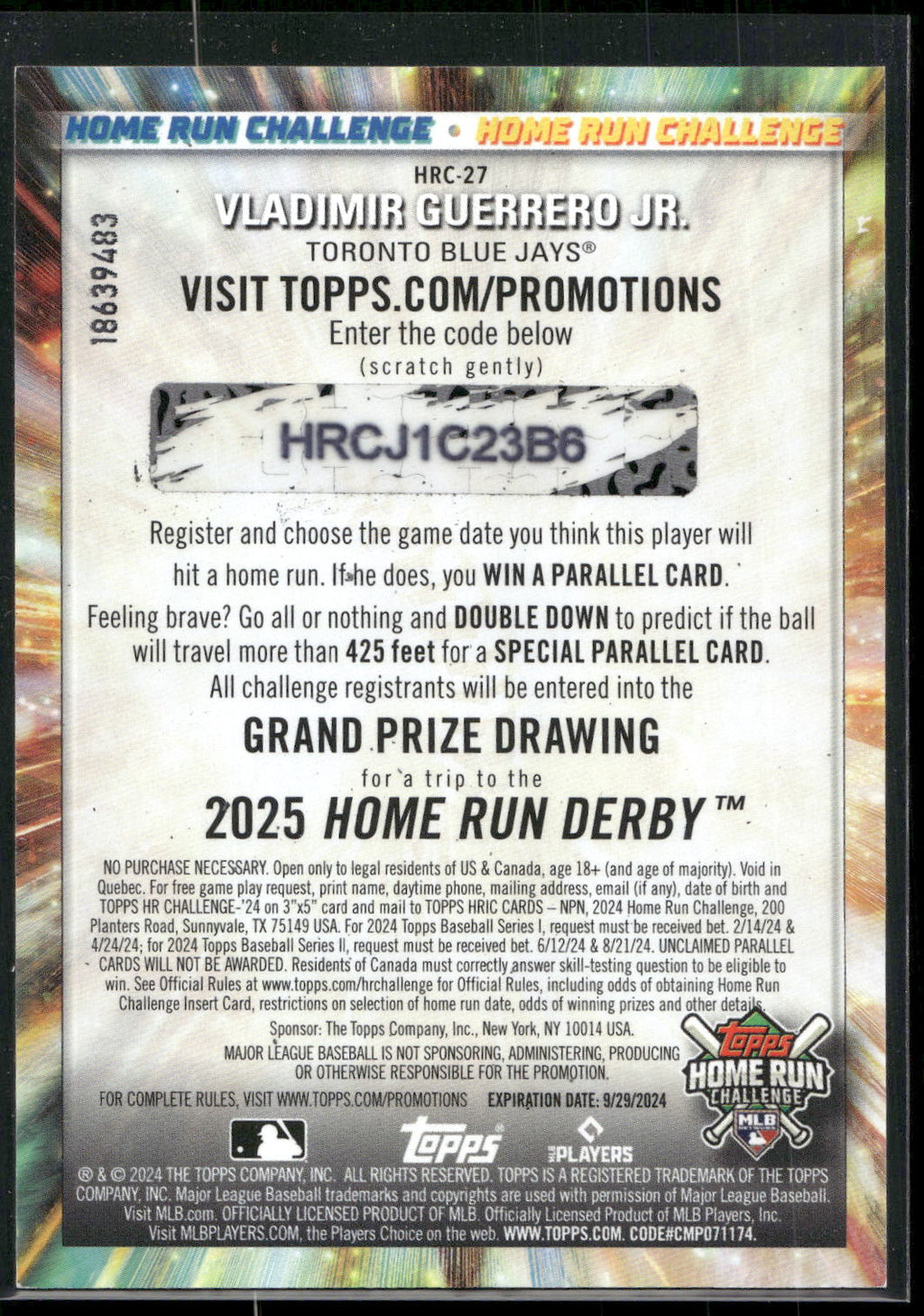 2024 Topps #HRC-27 Vladimir Guerrero Jr. Home Run Challenge (Series Two)