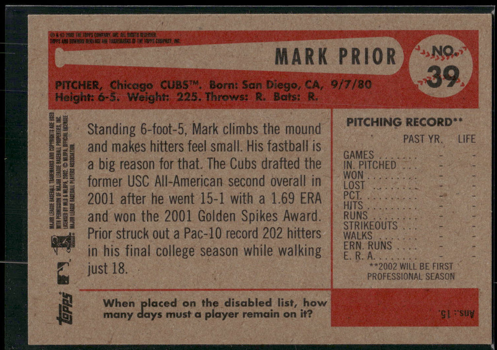 2002 Bowman Heritage #39 Mark Prior Black Box